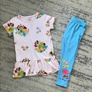 Disney Girls Pink Belle Floral Ruffle Top & Blue Rose Leggings Set